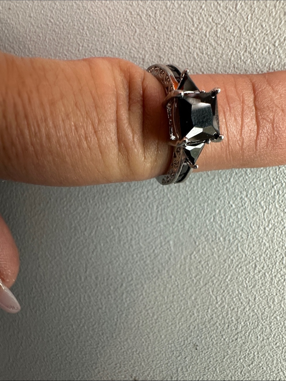 Costume jewelry Silver plated Black Stone Engagement Ring - Black Cushion Cut